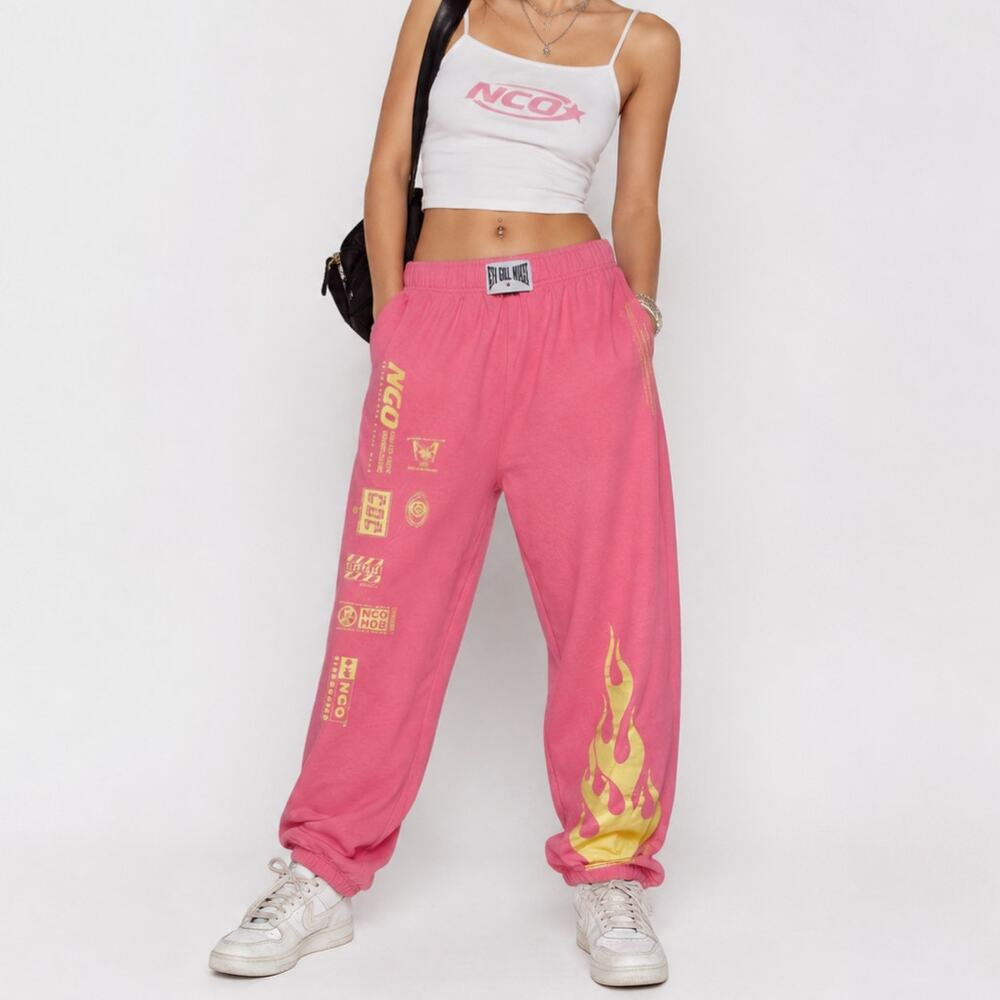 New Girl Order Graphic Joggers Women's Size 14 Pink Yellow Flame Streetwear